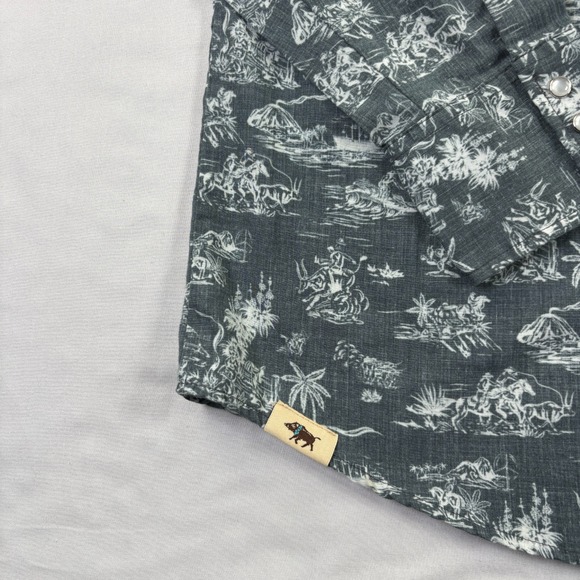 Western Aloha Shirt Mens Medium Gray Pearl Snap Up Cowboy Long Sleeve Island - Picture 2 of 10